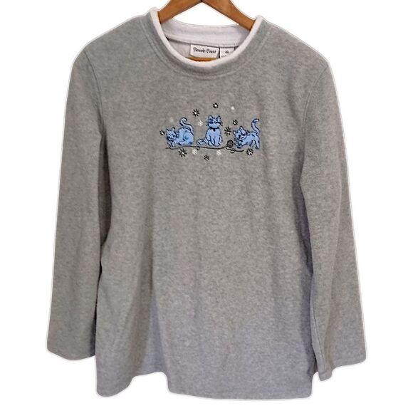 Vintage 80s Cat Lady Fleece Top M Sweatshirt Pullover Granny Kittens Playing 90s - Picture 9 of 16